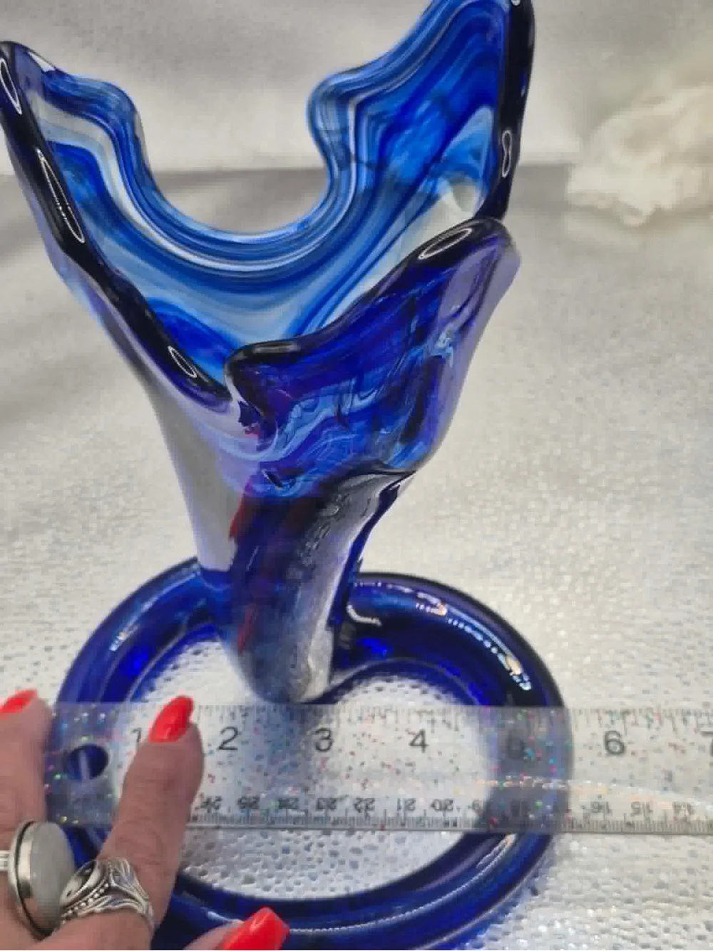 Vintage MCM Cobalt Blue Art Glass Trumpet Vase Swung Design by Sooner / Ozark Co